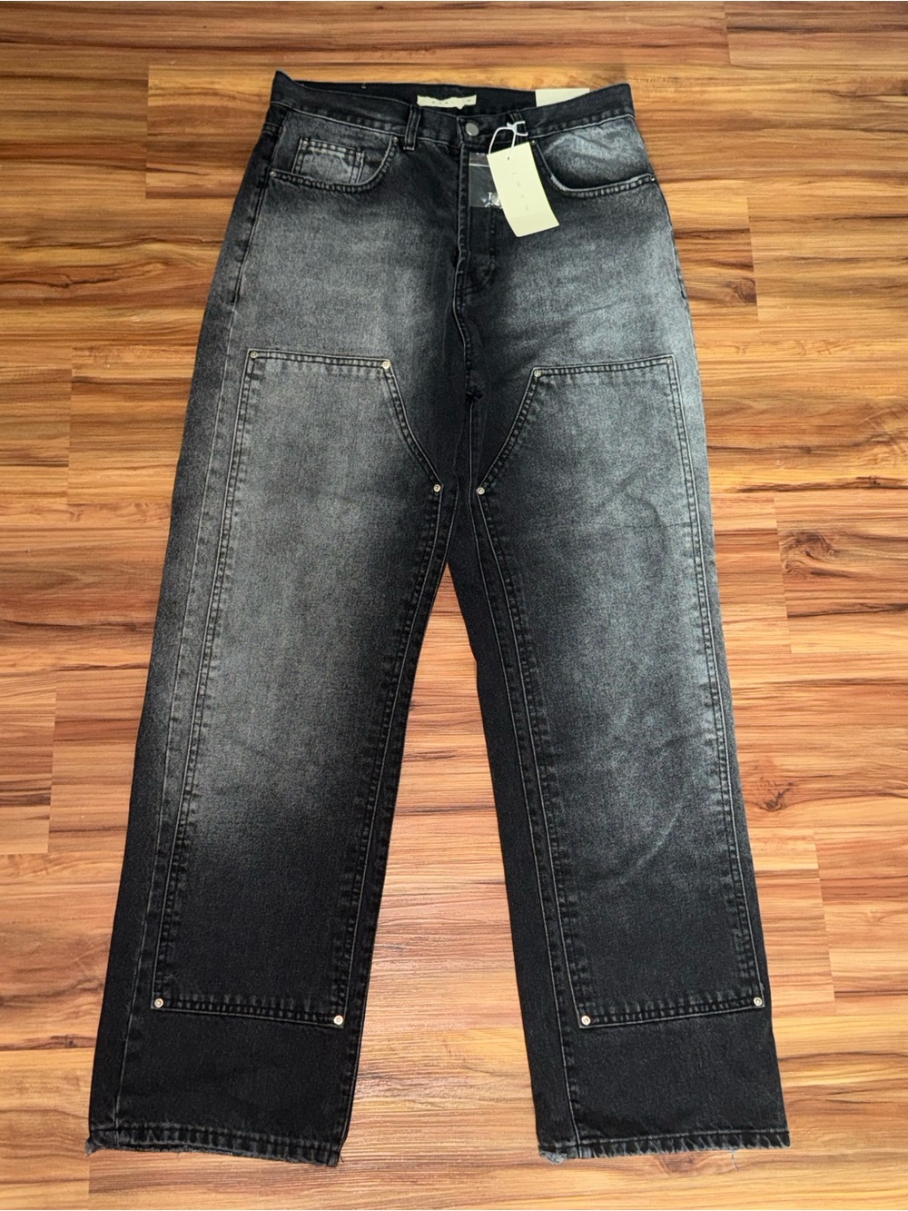 MNML Men's Washed Black Relaxed Jeans with Patch Pockets